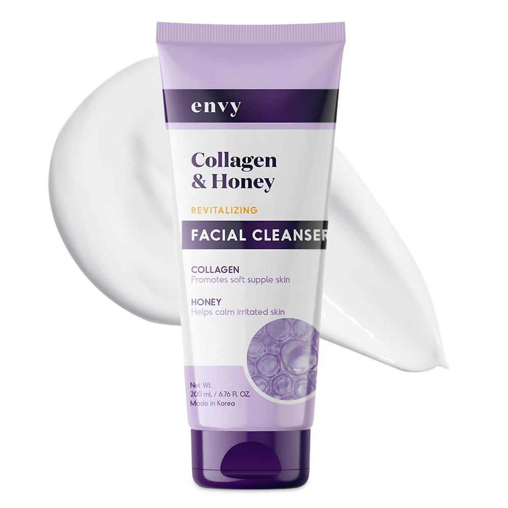 Envy facial cleanser bottle front view highlighting collagen and honey for hydration