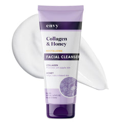 Envy facial cleanser bottle front view highlighting collagen and honey for hydration