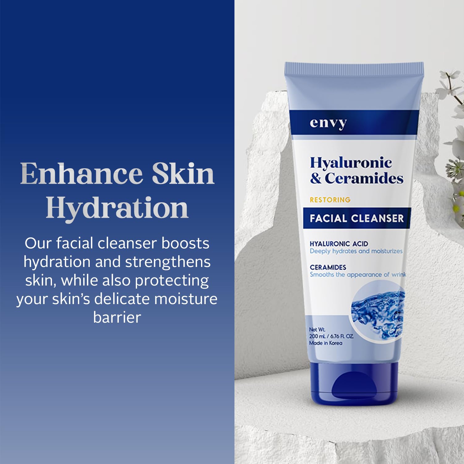 Envy cleanser ingredient close-up highlights hyaluronic acid and ceramides for hydration.