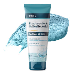 Envy face scrub bottle shows hydrating formula for a refreshed, dewy look.
