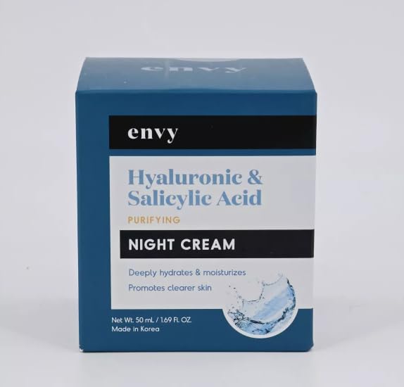 ENVY Hyaluronic & Salicylic Night Cream bottle for overnight hydration and clearer-looking skin