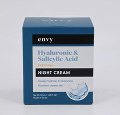 ENVY Hyaluronic & Salicylic Night Cream bottle for overnight hydration and clearer-looking skin