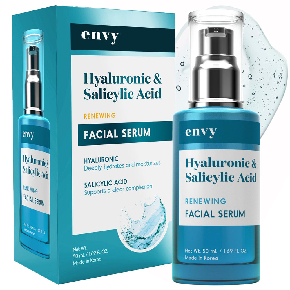 Envy Hyaluronic Serum bottle close-up showing sleek packaging for hydration-ready skin.
