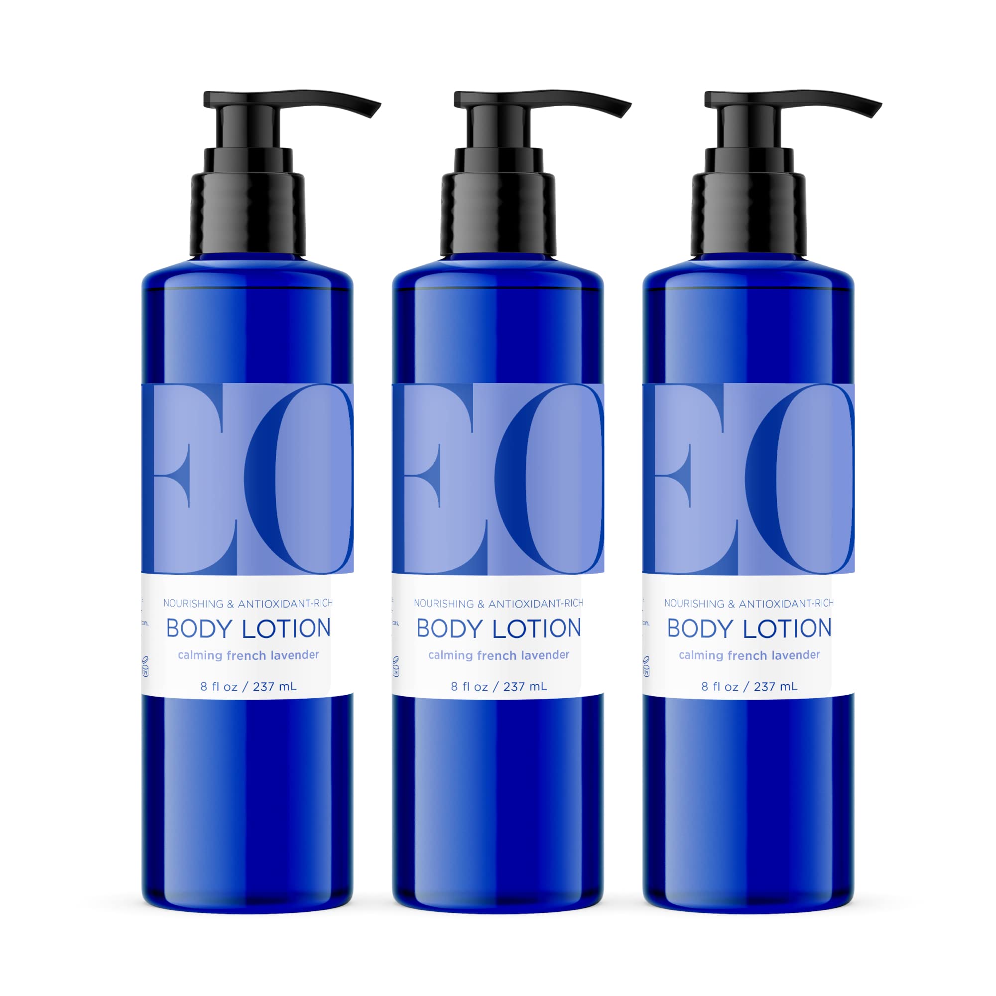 EO Body Lotion pack of three French Lavender bottles for daily nourishment.