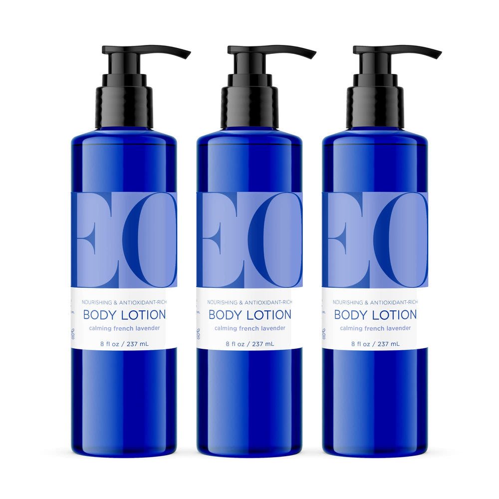 EO Body Lotion pack of three French Lavender bottles for daily nourishment.