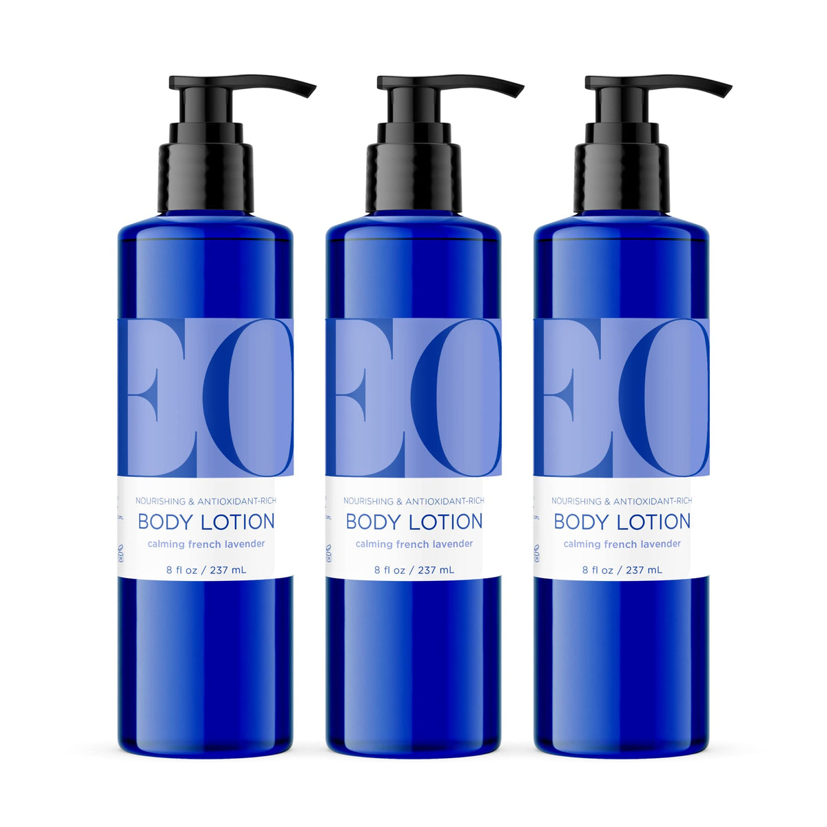 EO Body Lotion pack of three French Lavender bottles for daily nourishment.