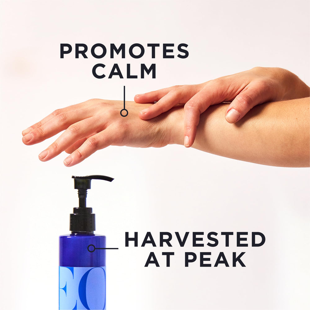 Close-up of EO Body Lotion bottle highlighting calming lavender scent.