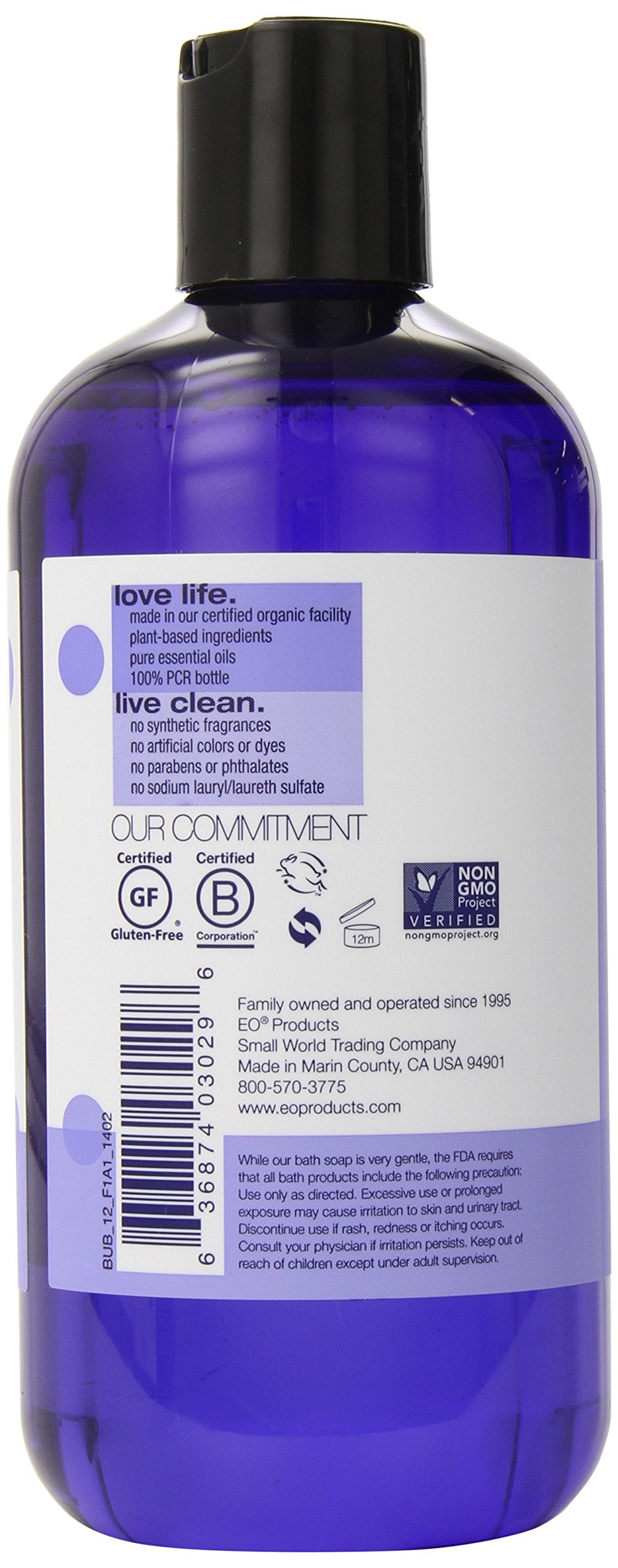 EO Bubble Bath French Lavender ingredients label highlighting natural botanicals
