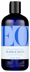 EO Bubble Bath Serenity French Lavender Aloe bottle pouring hydrating foam