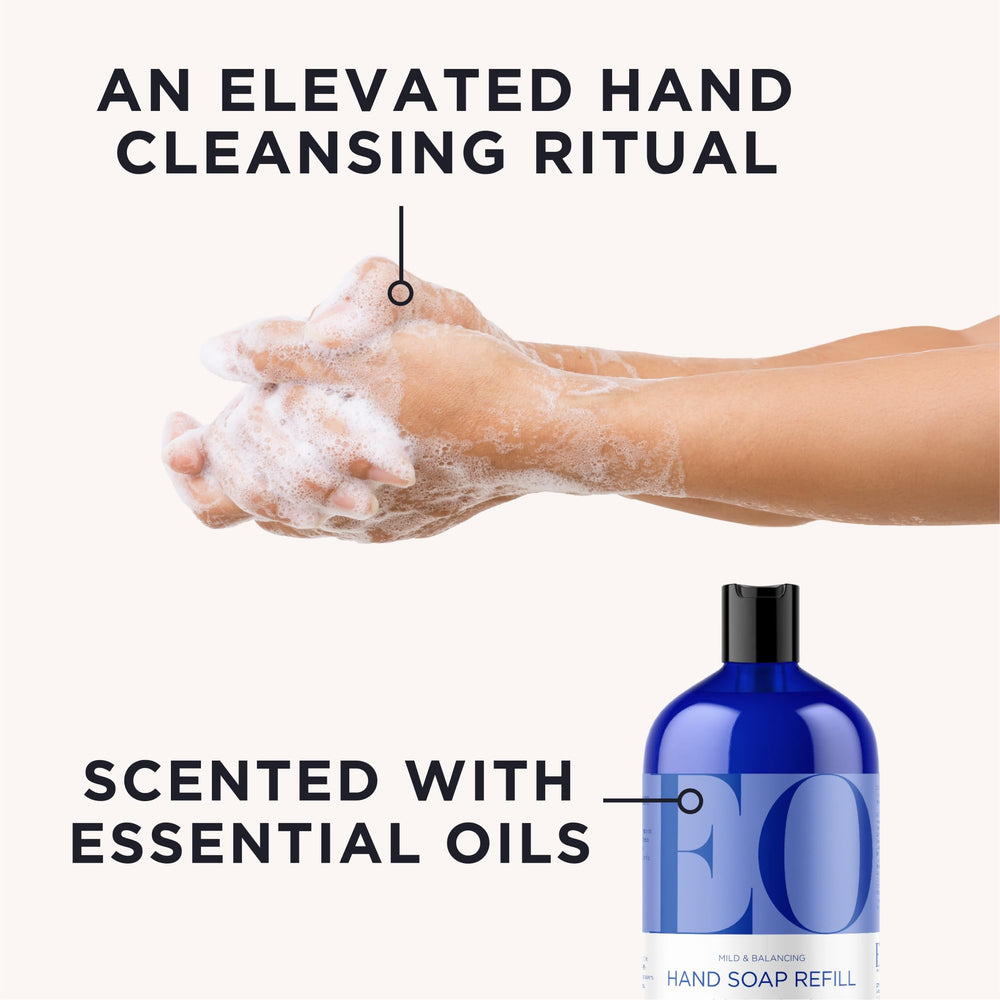 EO French Lavender refill bottle being poured into a dispenser