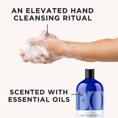 EO French Lavender refill bottle being poured into a dispenser