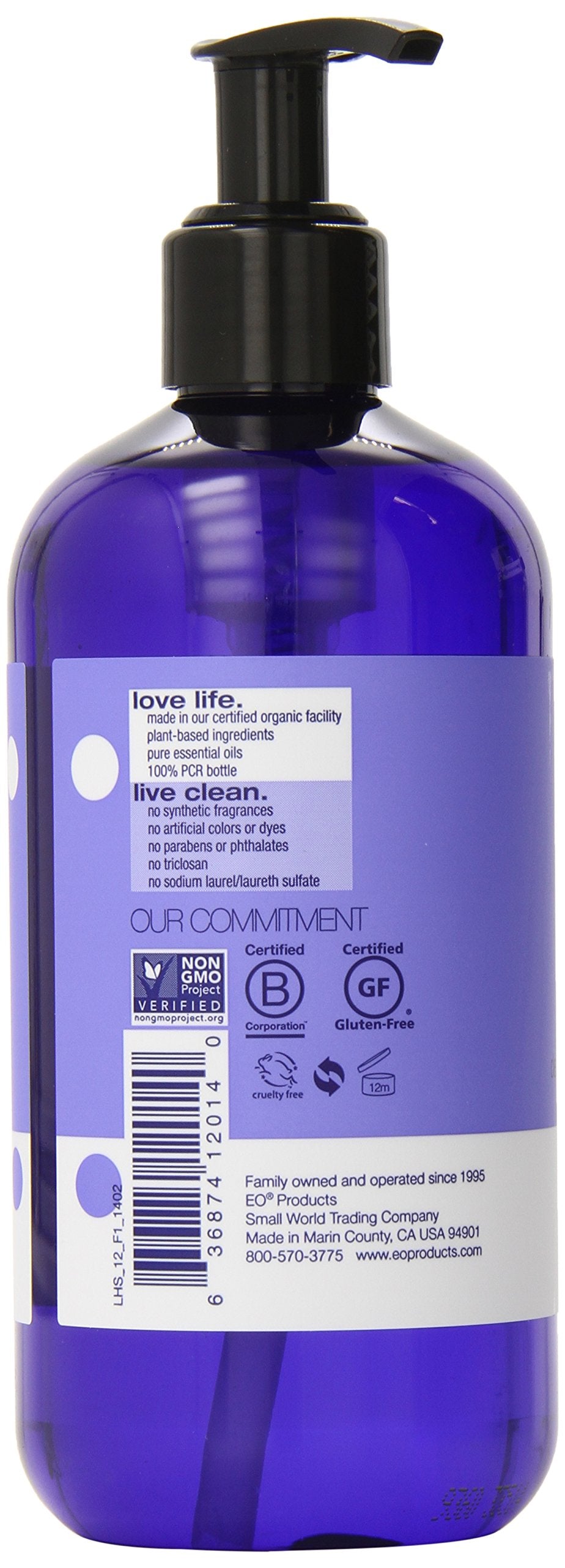 Close-up of lavender-scented EO hand soap foam on skin during washing.
