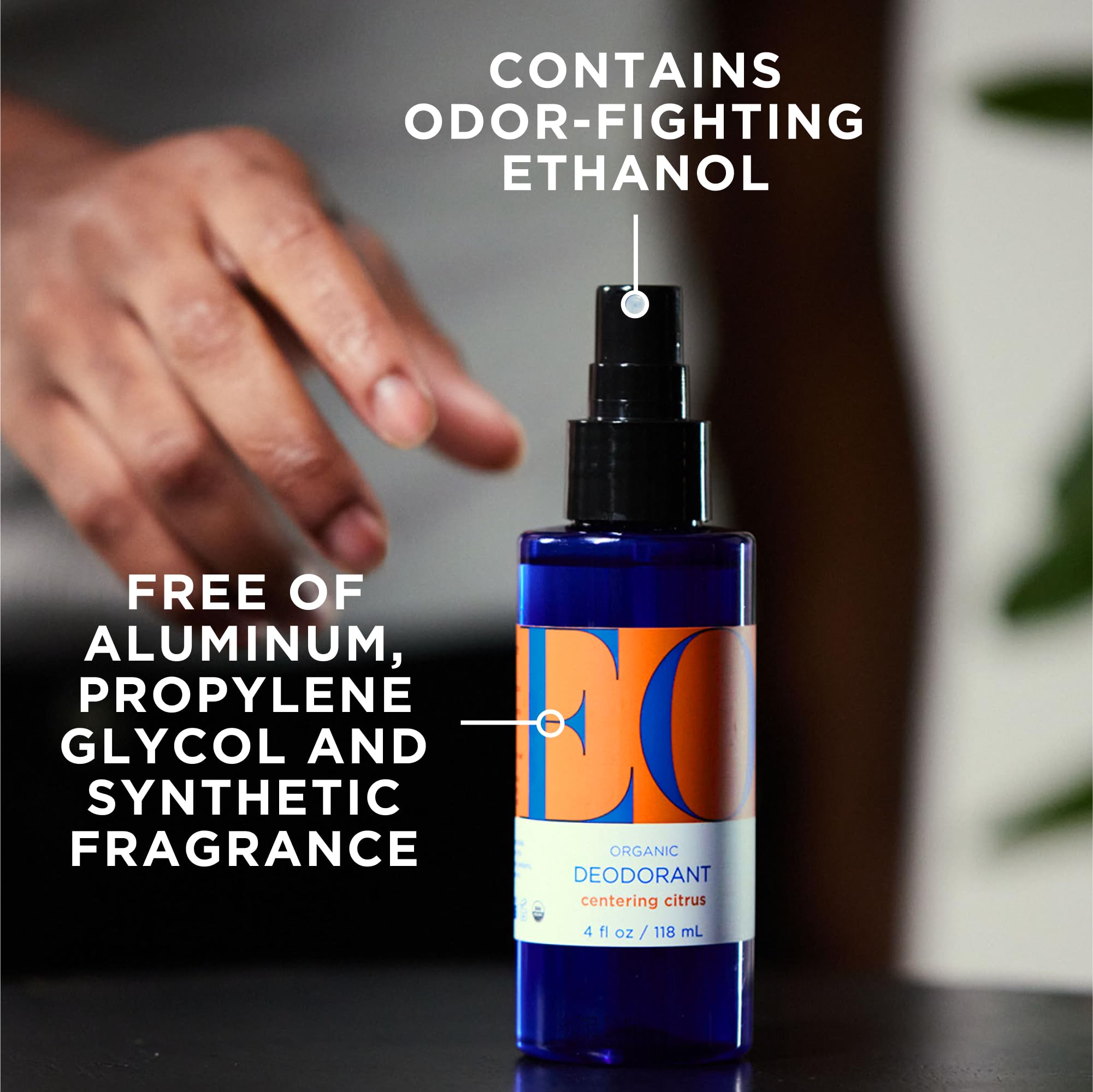 EO deodorant spray bottle with grapefruit and lavender notes offering uplifting aromatherapy