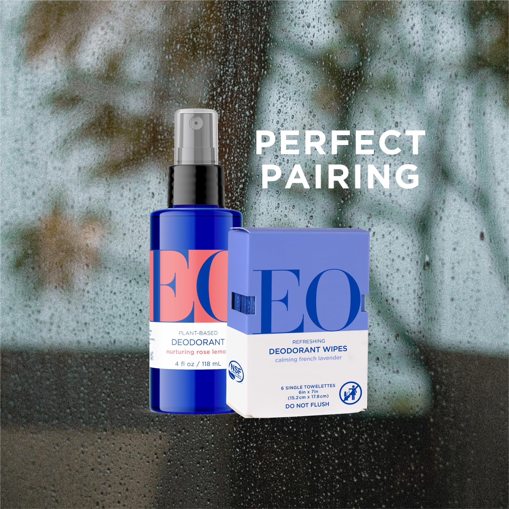 Close-up of EO Rose Lemon bottle with UV-protective cobalt blue glass.
