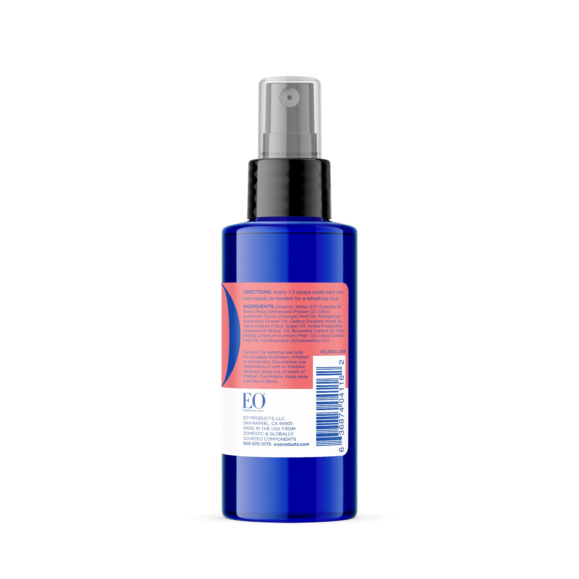 Eco-friendly packaging: EO deodorant in 100% recycled resin bottle.