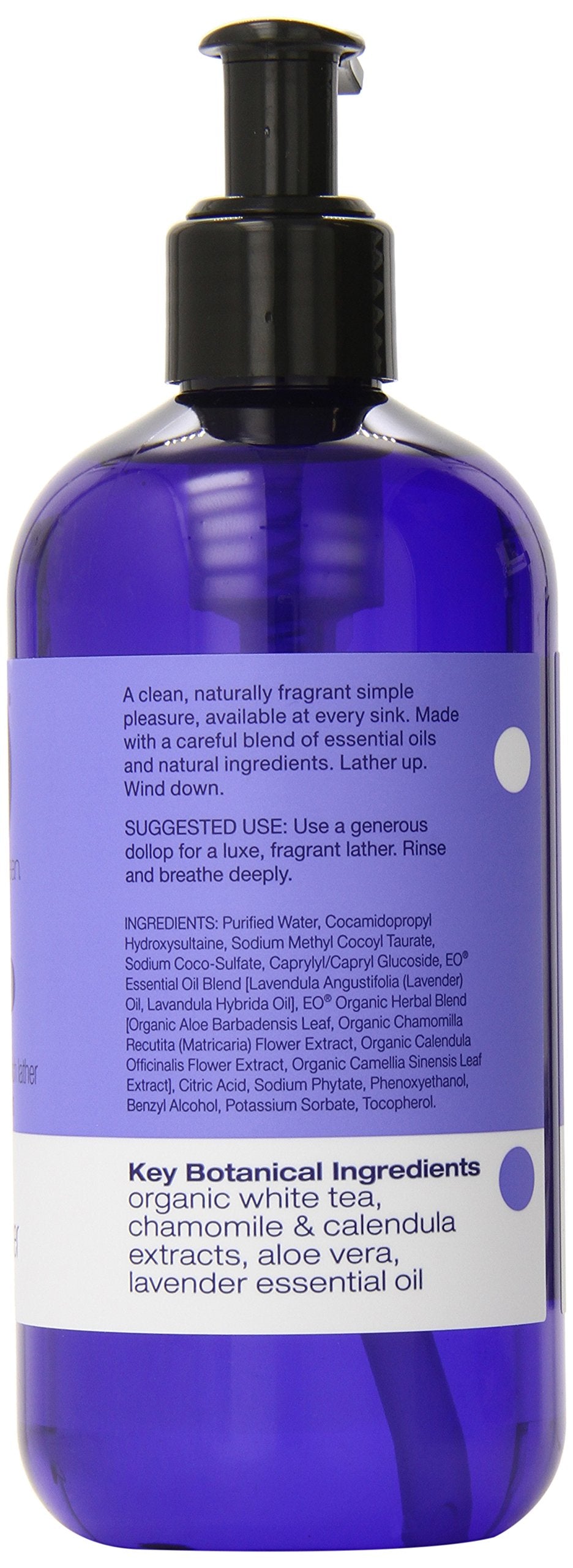 EO Lavender hand soap bottle with pump for convenient dispensation and consistent lather.