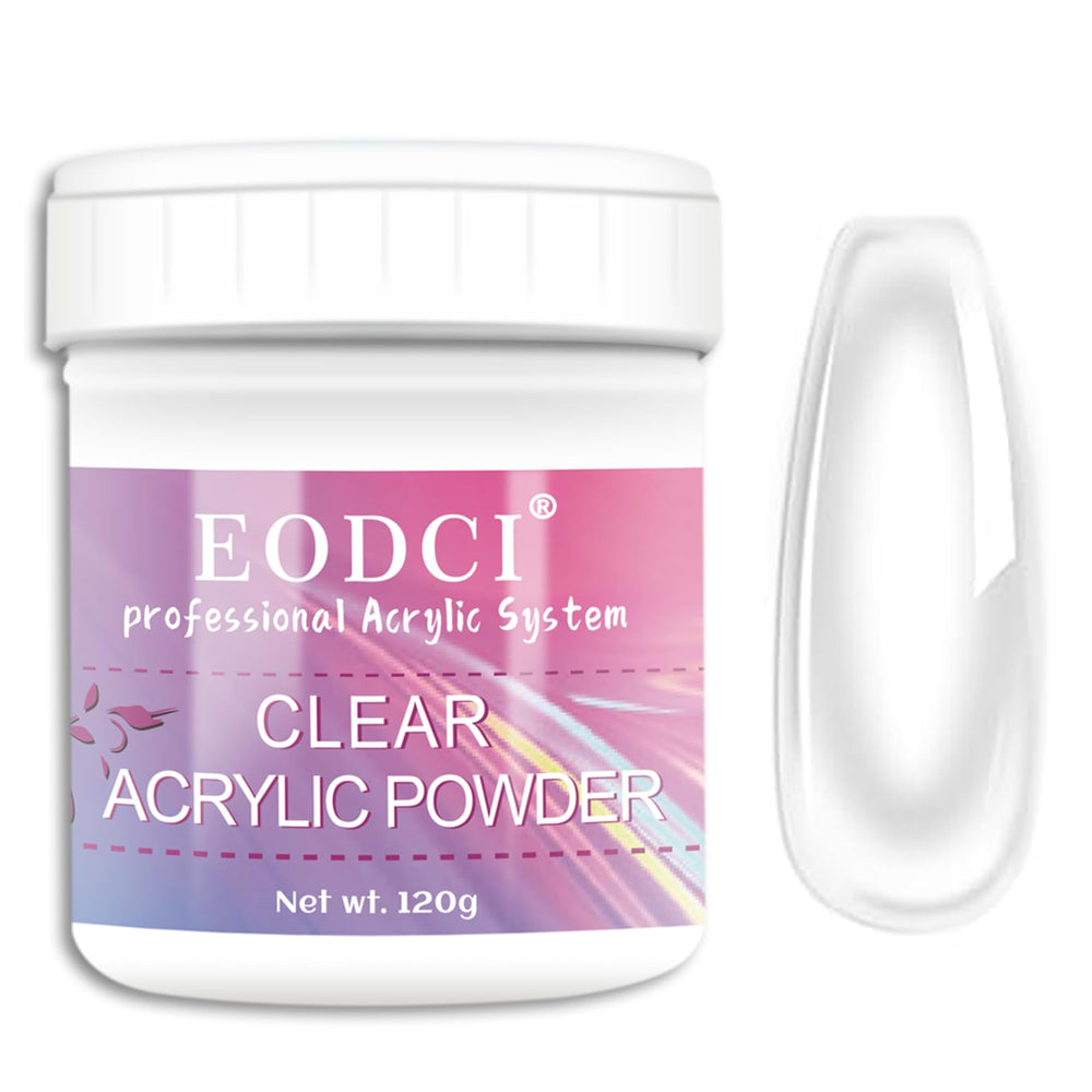 Eodci clear acrylic powder 120g jar close-up for DIY nails and big capacity