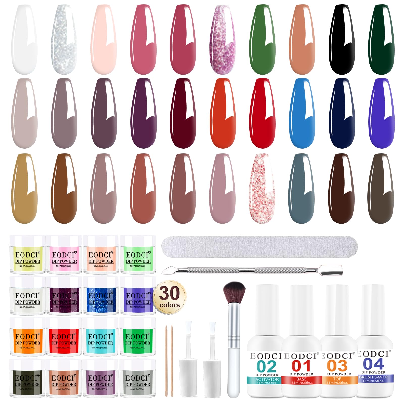 EODCI dip powder kit with 30 colors swatches for versatile manicures at home