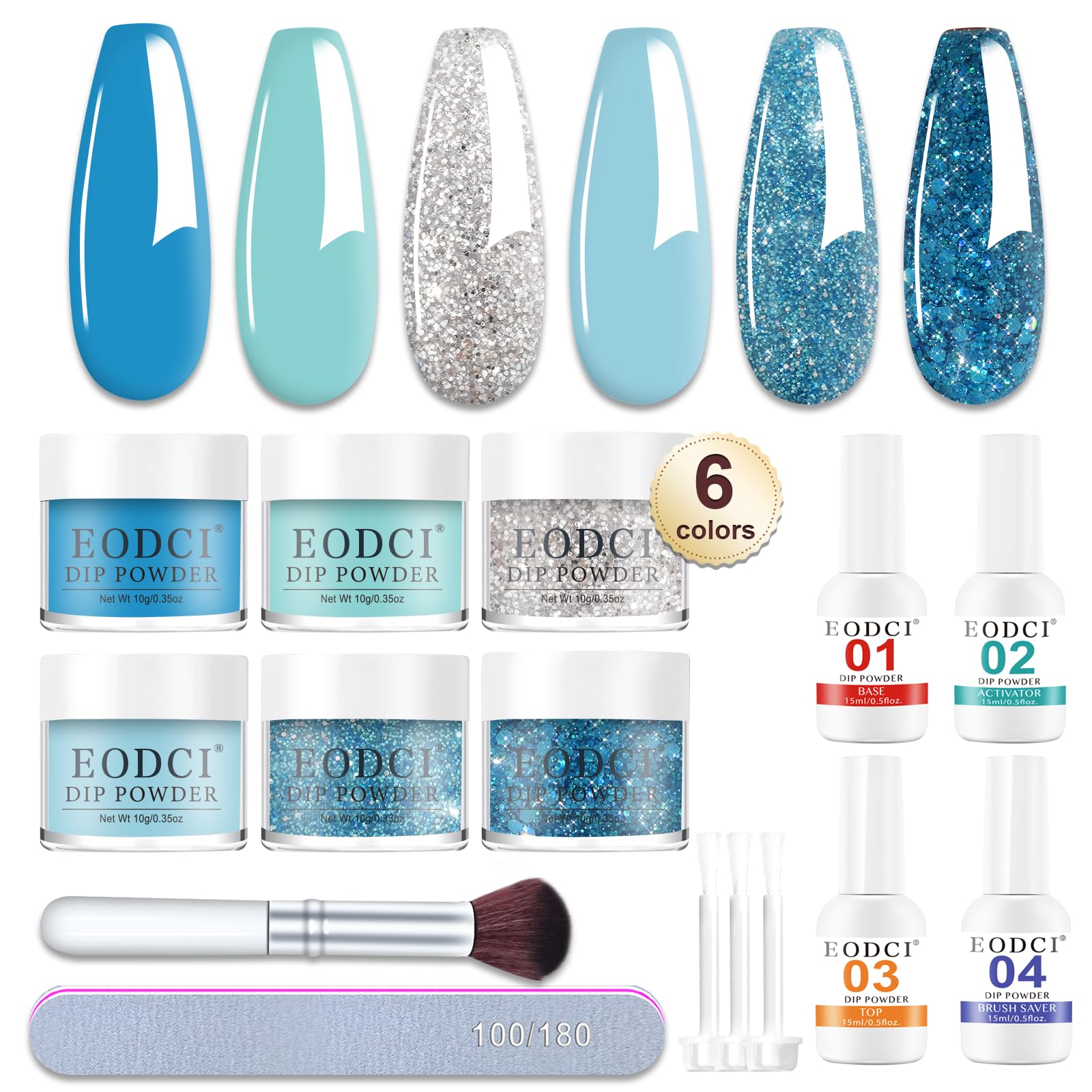 Eodci dip powder kit in six glitter colors for versatile at-home manicures.