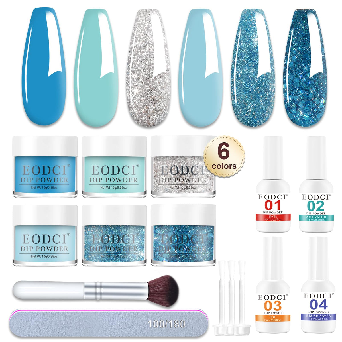 Eodci dip powder kit in six glitter colors for versatile at-home manicures.