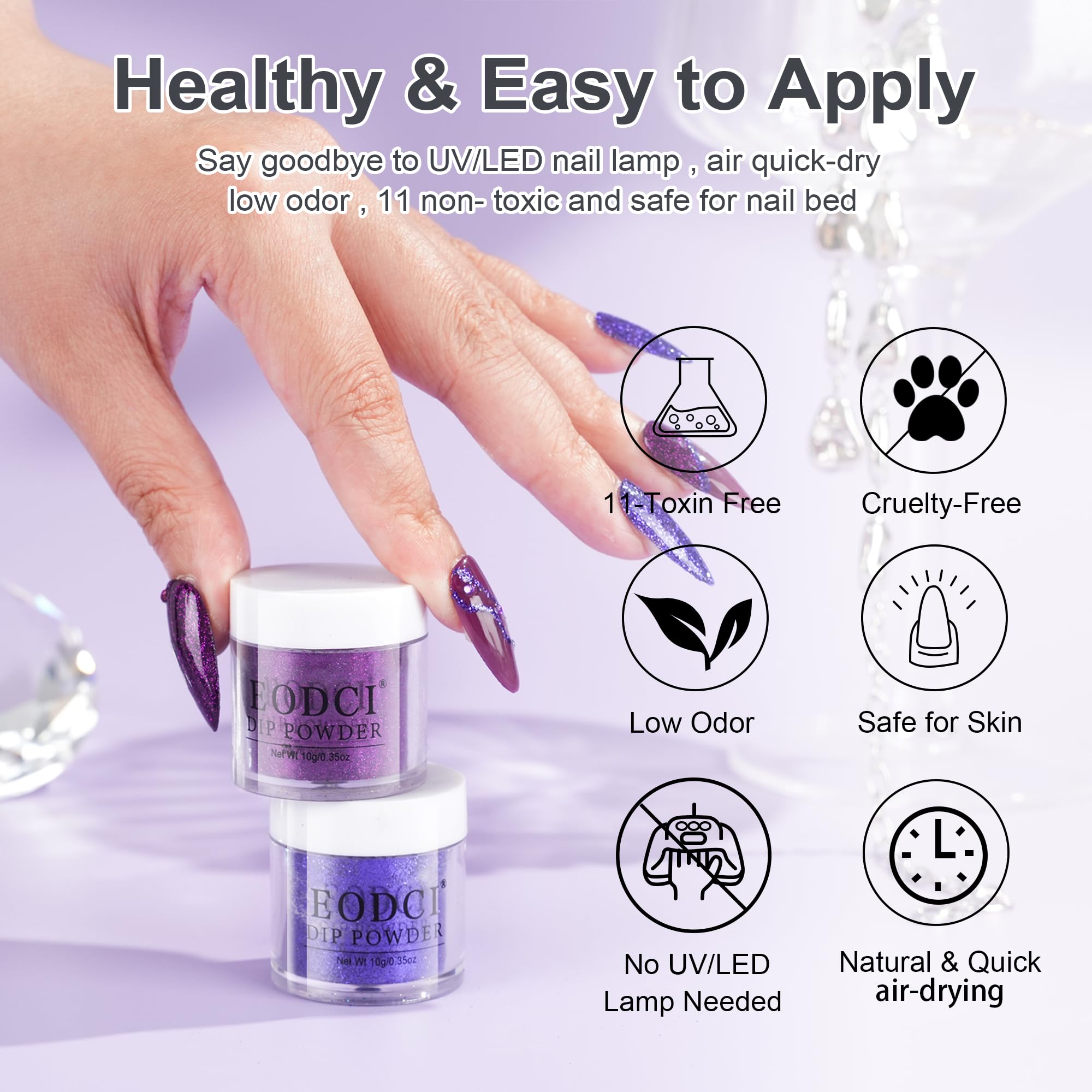 Eodci purple glitter dip powder creates an elegant salon-style look.