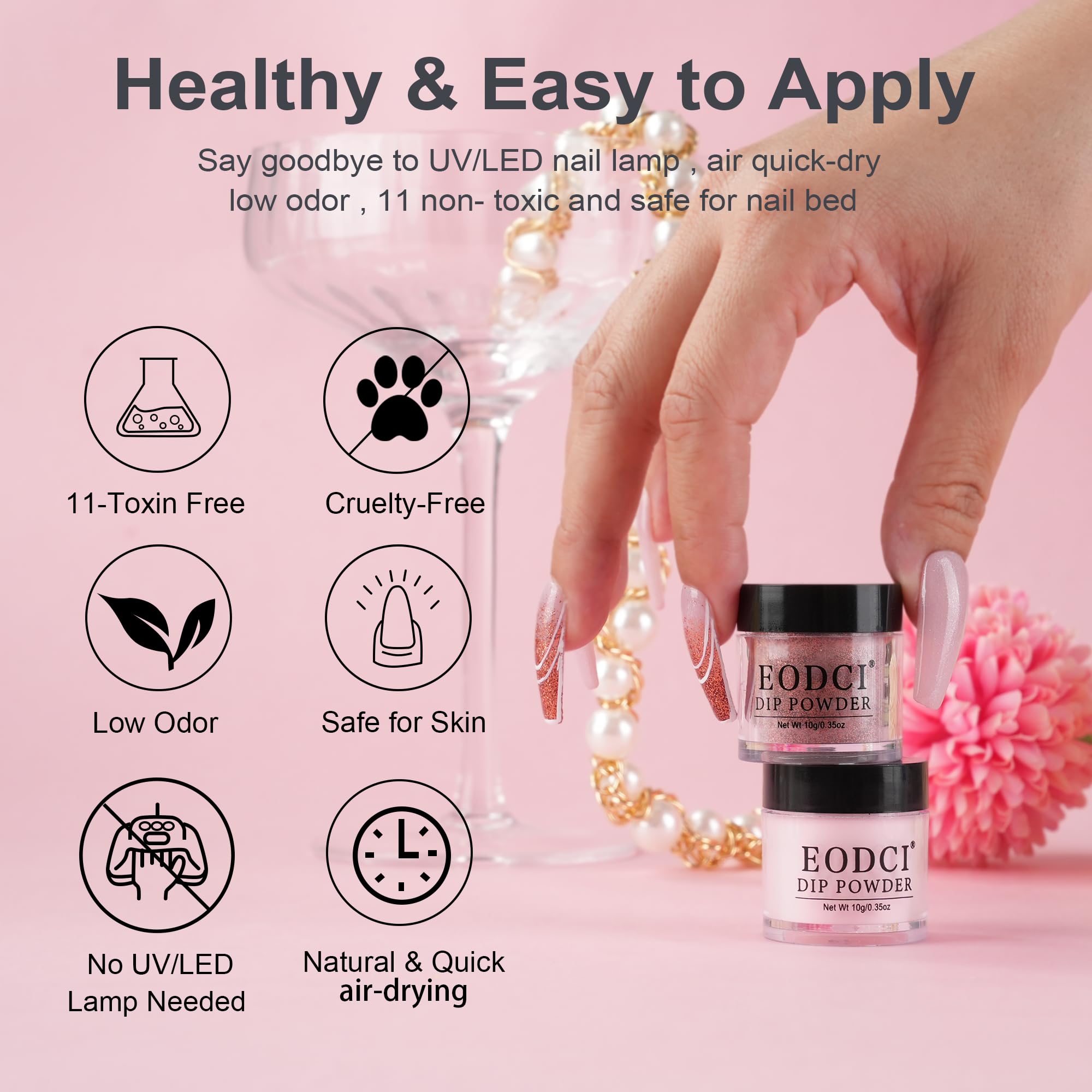 Eodci glitter finish on nails using dip powder for a sparkling look.