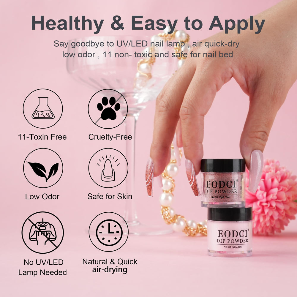 Eodci glitter finish on nails using dip powder for a sparkling look.