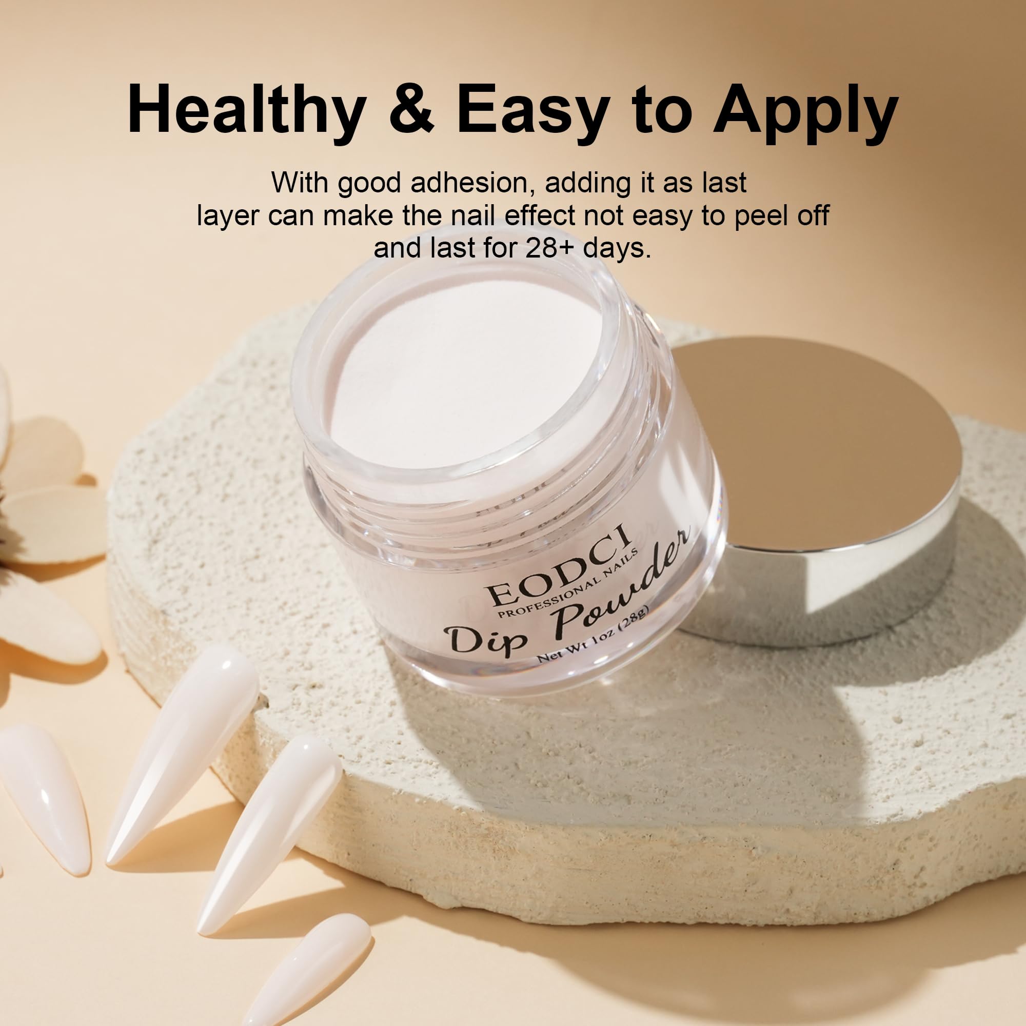 Close-up of EODCI Milk White Dip Powder showing fine texture for even coverage.