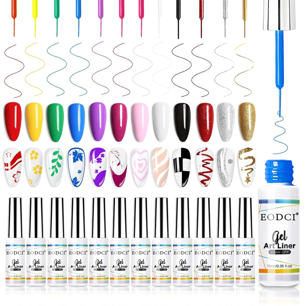 eodci Nail Art Gel Liner Set offers rainbow colors for versatile nail art ideas.