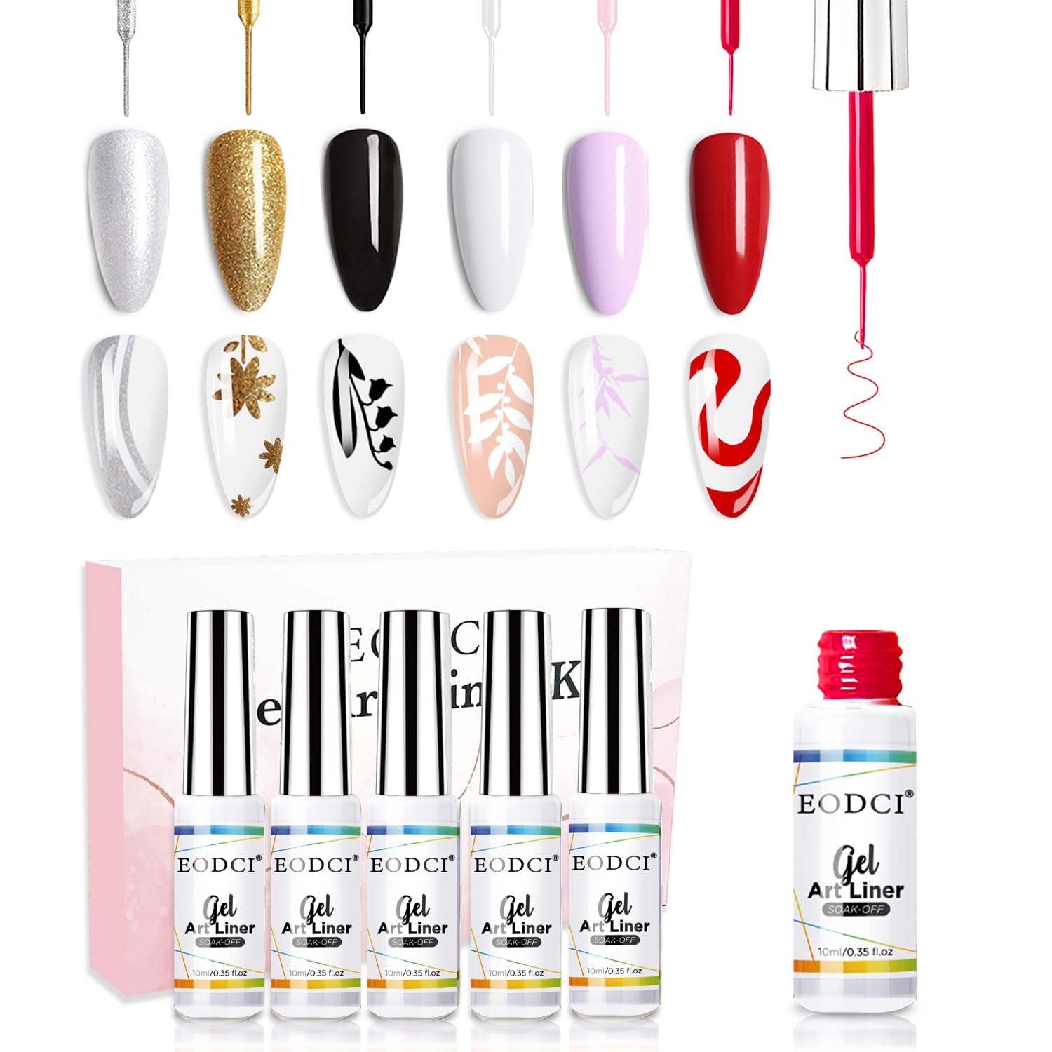 eodci Nail Art Liner Set color swatches show vibrant shades for creative design.
