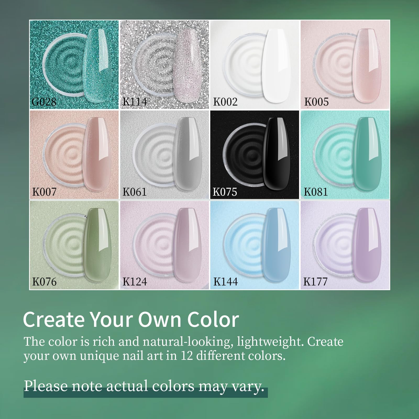 eodci nail dip powder set color-palette showcasing 12 shades for versatile at-home looks