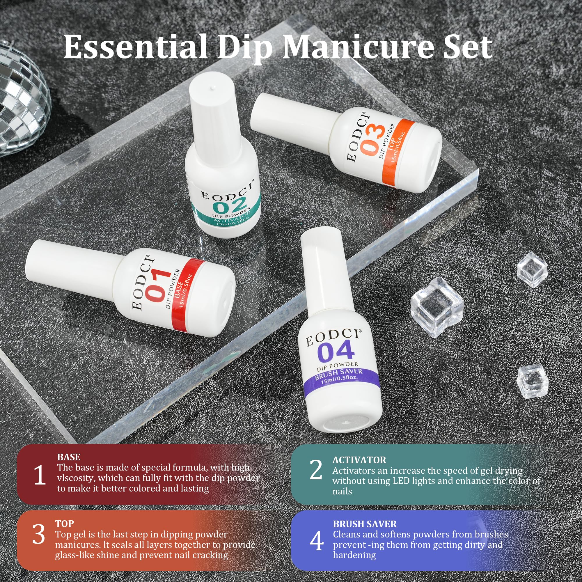Eodci no-lamp-needed dip powder system for safe at-home use.