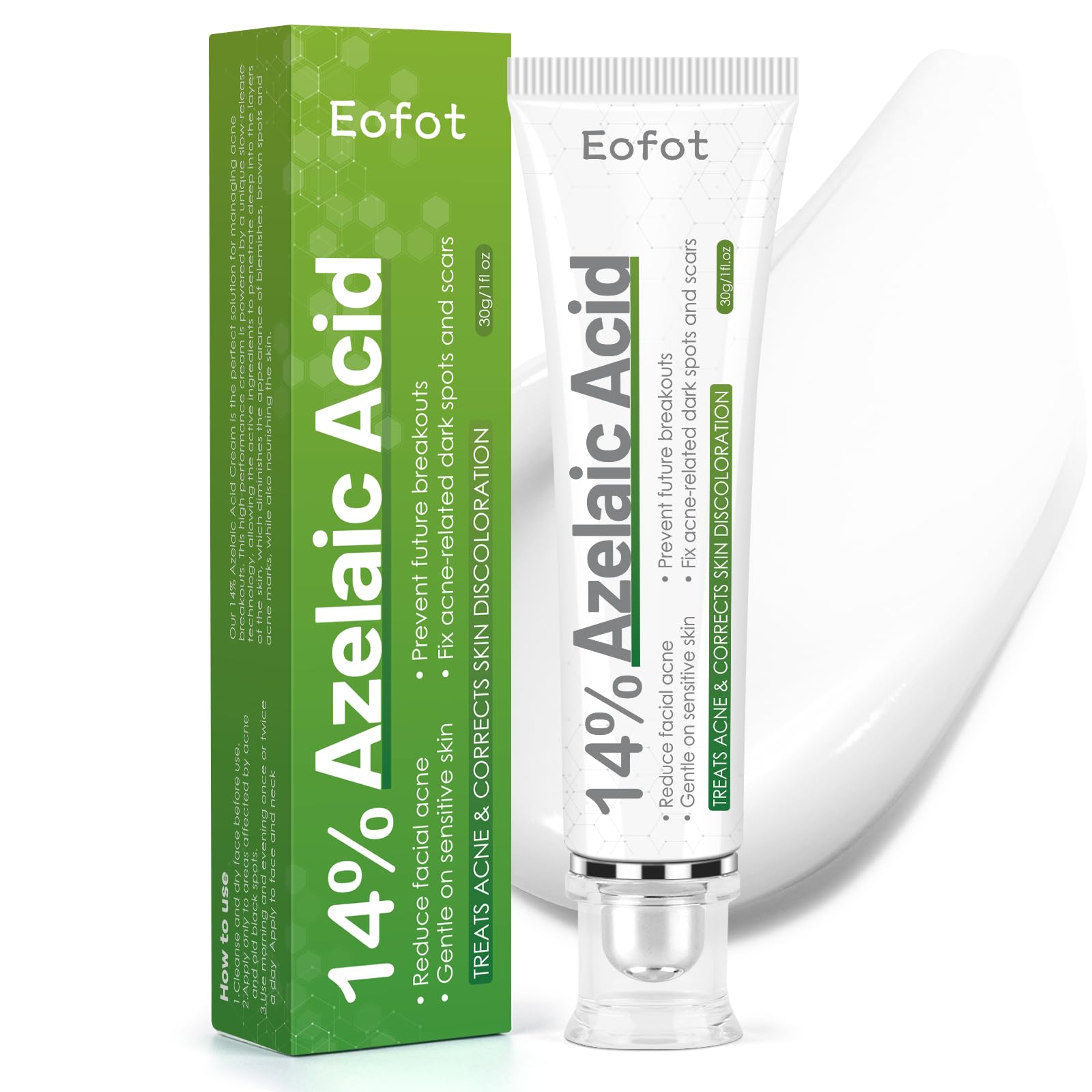 Eofot 14% Azelaic Acid Cream bottle for blemish-prone skin, daily use.
