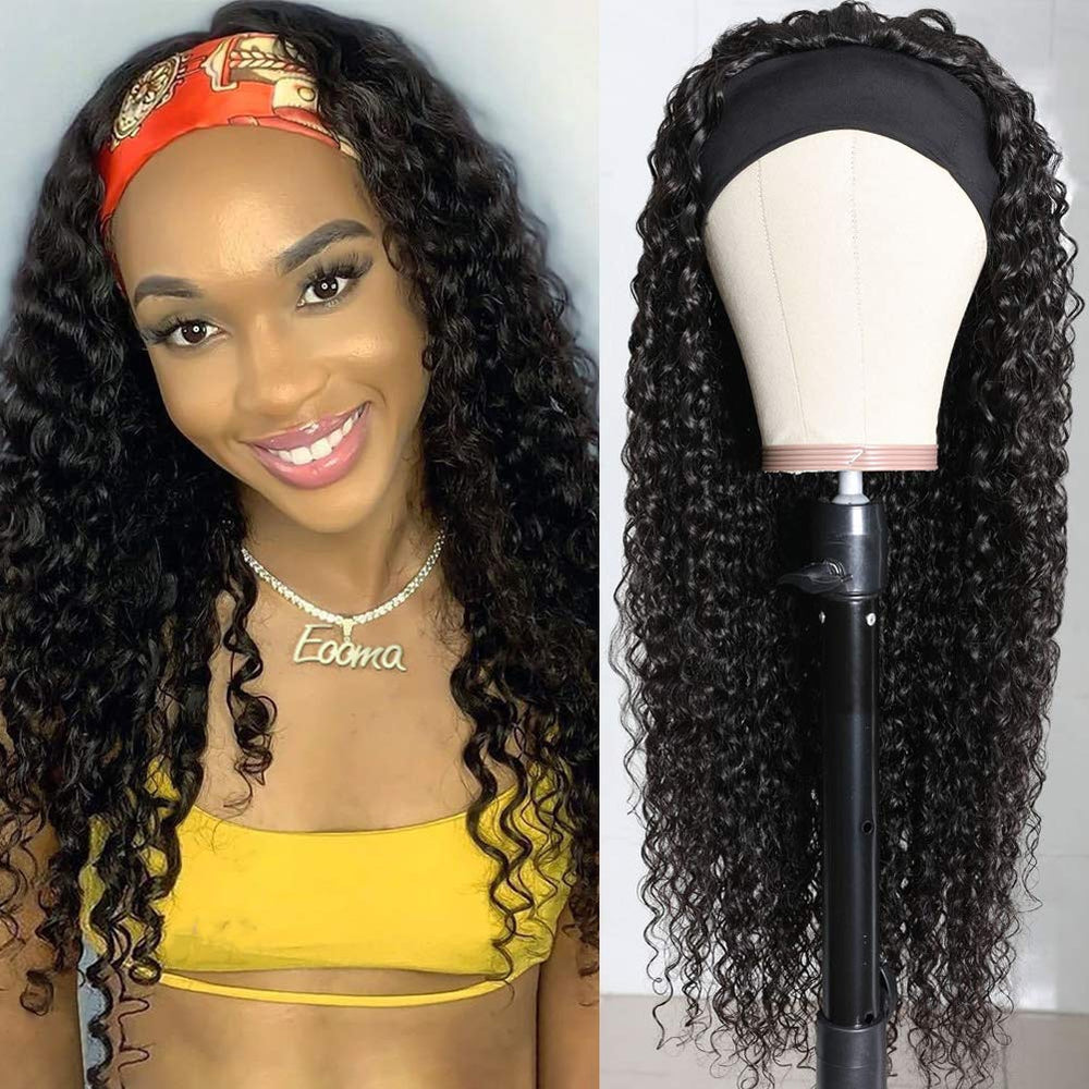 Eooma Curly Headband Wig product shot with eyelashes and caps.