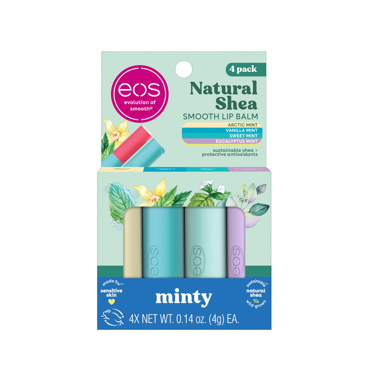 eos Artic Mint lip balm tube on cool backdrop, delivers lasting hydration