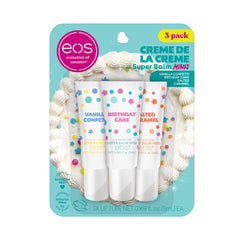 EOS Creme de la Creme Birthday Cake mini lip balm swatch showing rich moisture and creaminess