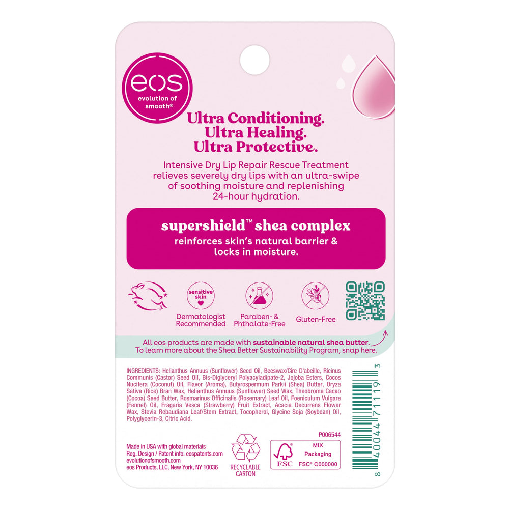 eos Hero Lip Repair hypoallergenic info badge communicates gentle use.