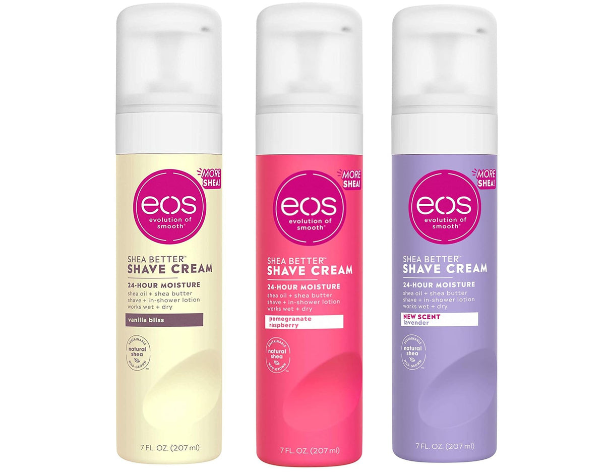 Eos Ultra Moisturizing Shave Cream Variety Pack packaging shows three flavors for hydrated, smooth results.