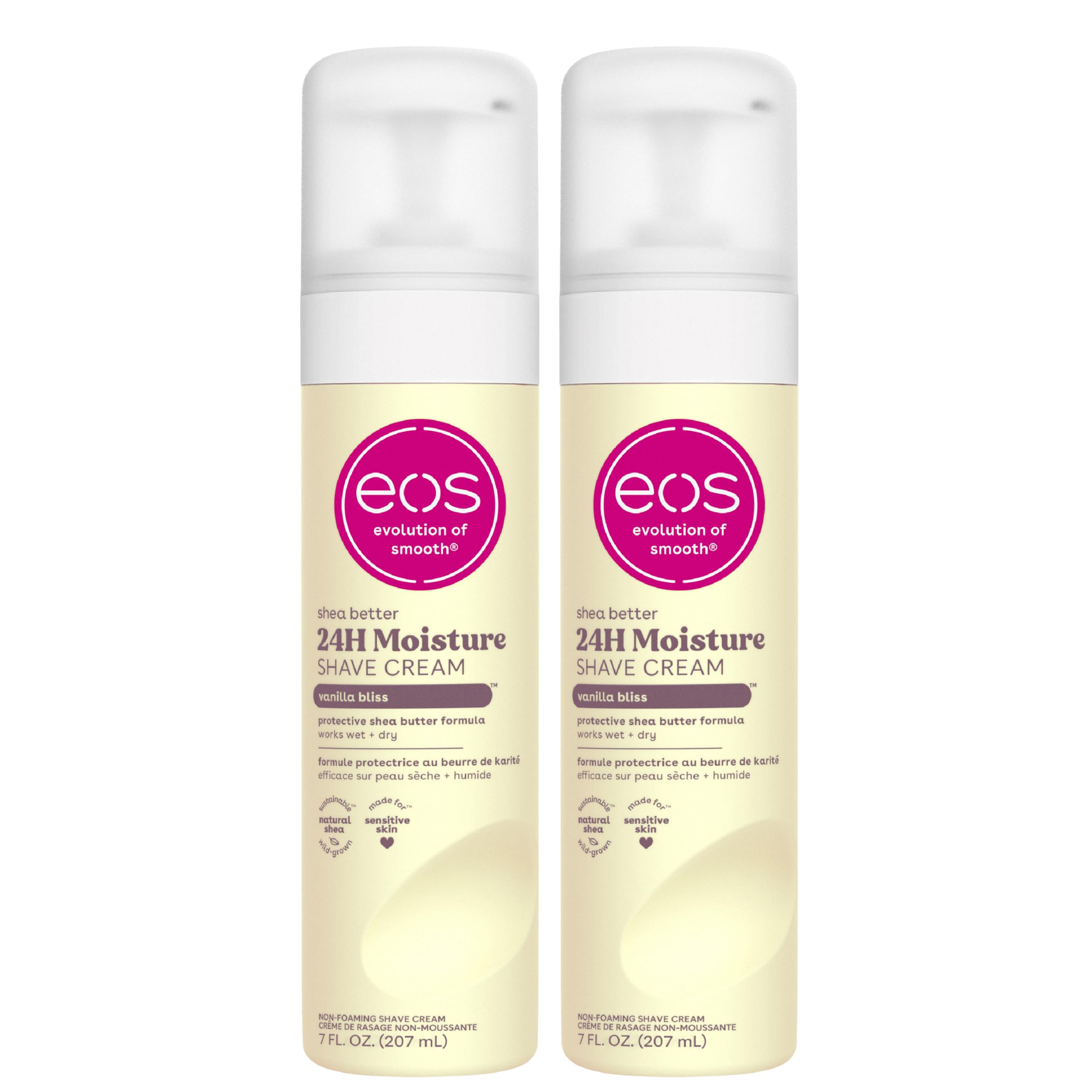 eos Vanilla Bliss shave cream bottle showing hydrating formula for a smooth shave