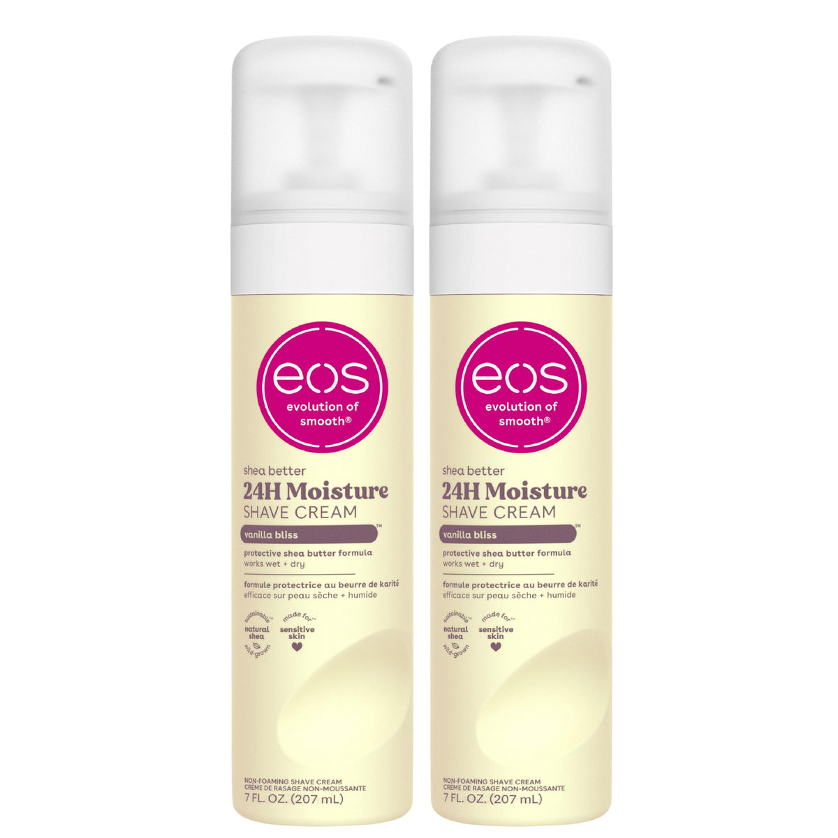 eos Vanilla Bliss shave cream bottle showing hydrating formula for a smooth shave
