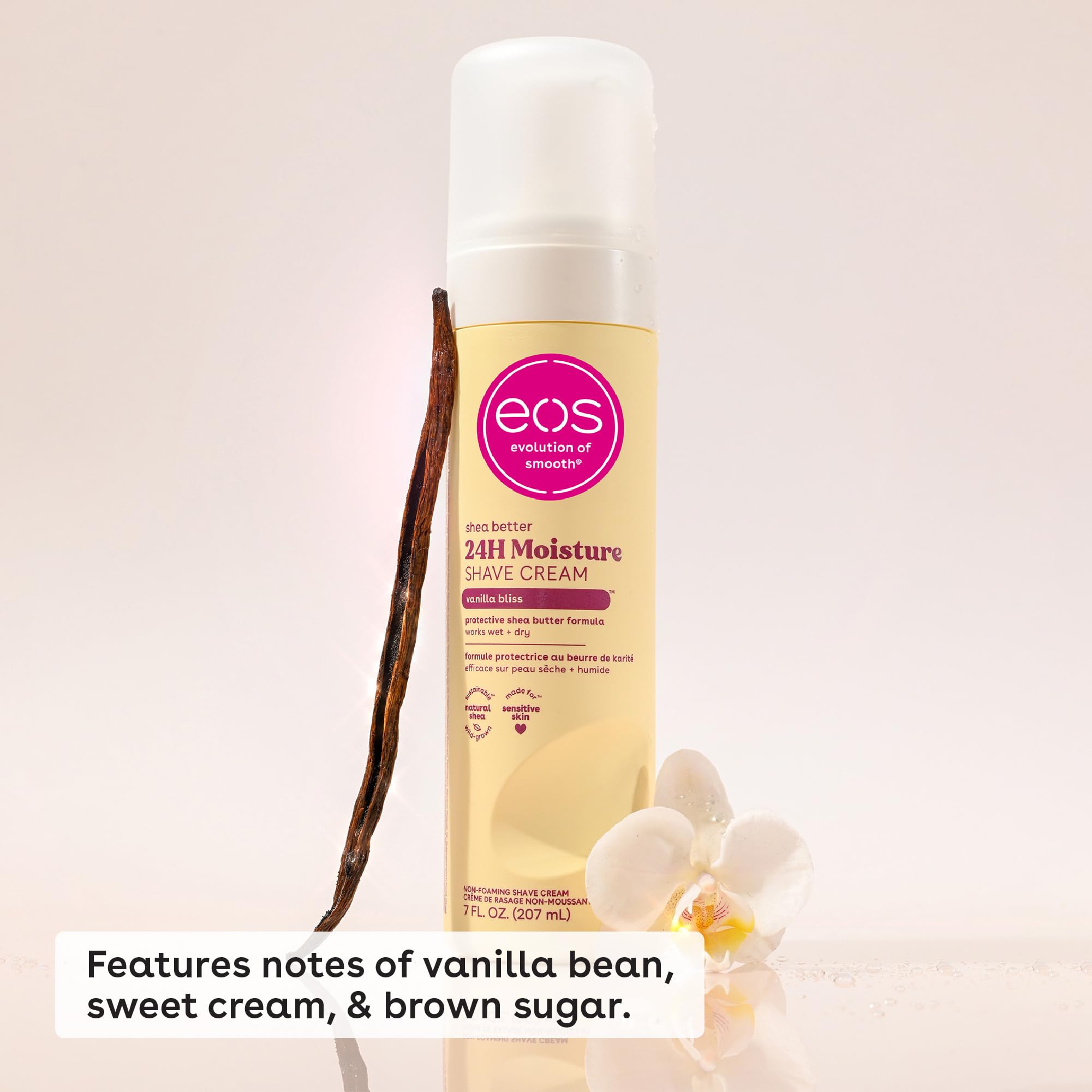 eos Vanilla Bliss shave cream label closeup highlighting shea butter and aloe benefits