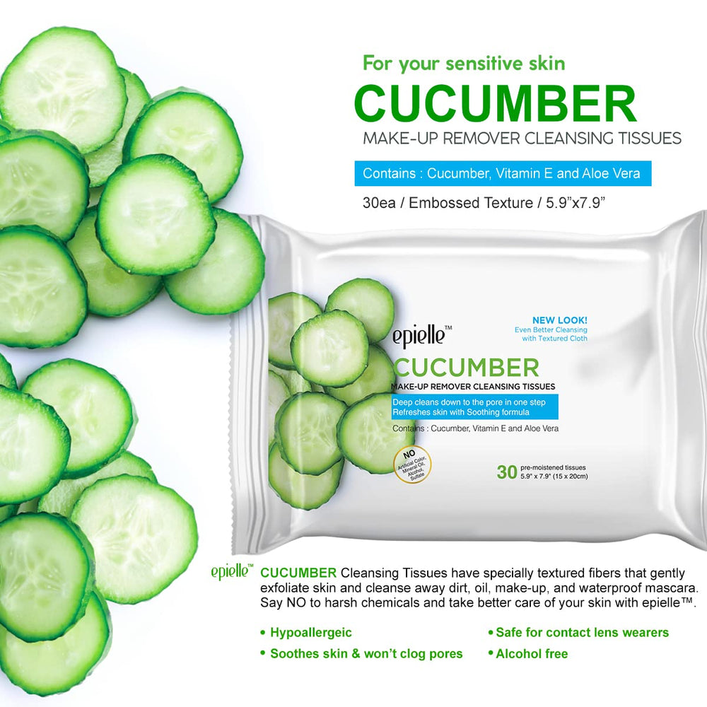 Close-up of Epielle cucumber cleansing tissues showing textured fibers for gentle cleansing.