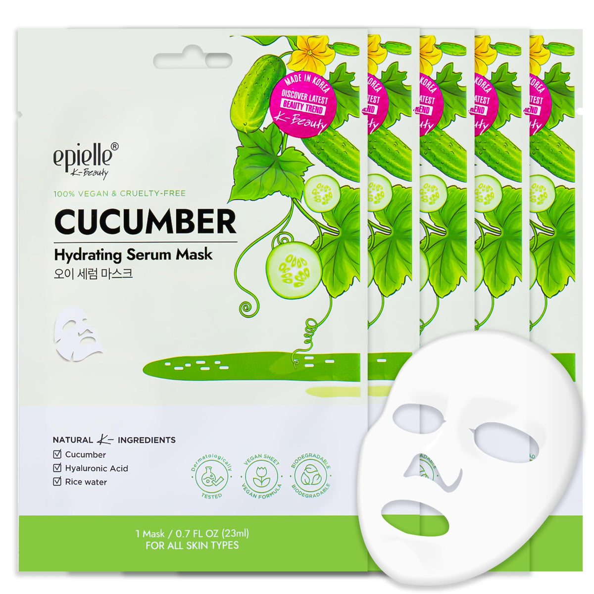 Epielle cucumber hydrating serum sheet mask 5pk - refreshing hydration for sensitive skin.