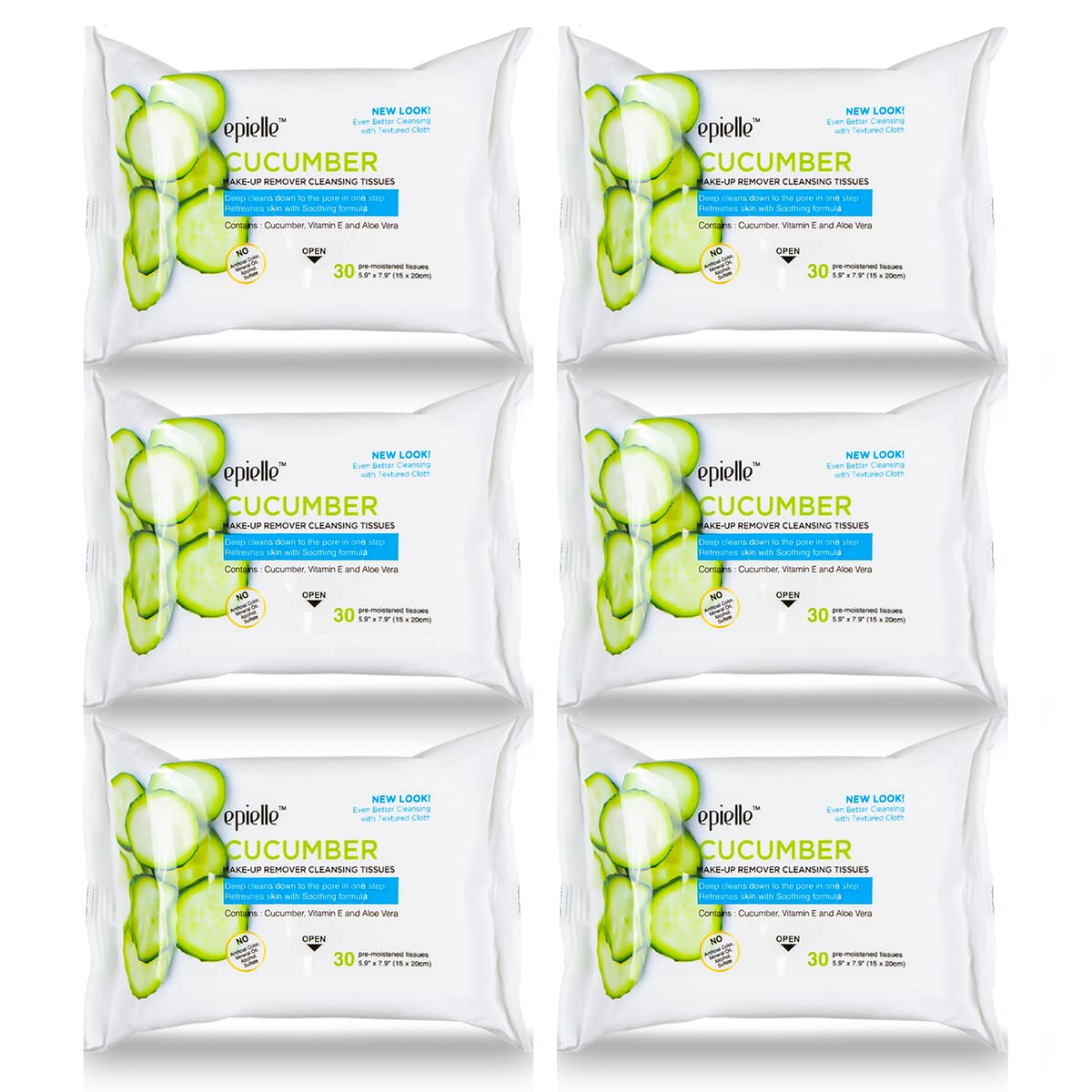 Epielle cucumber makeup remover wipes in a six-pack for on-the-go cleansing.