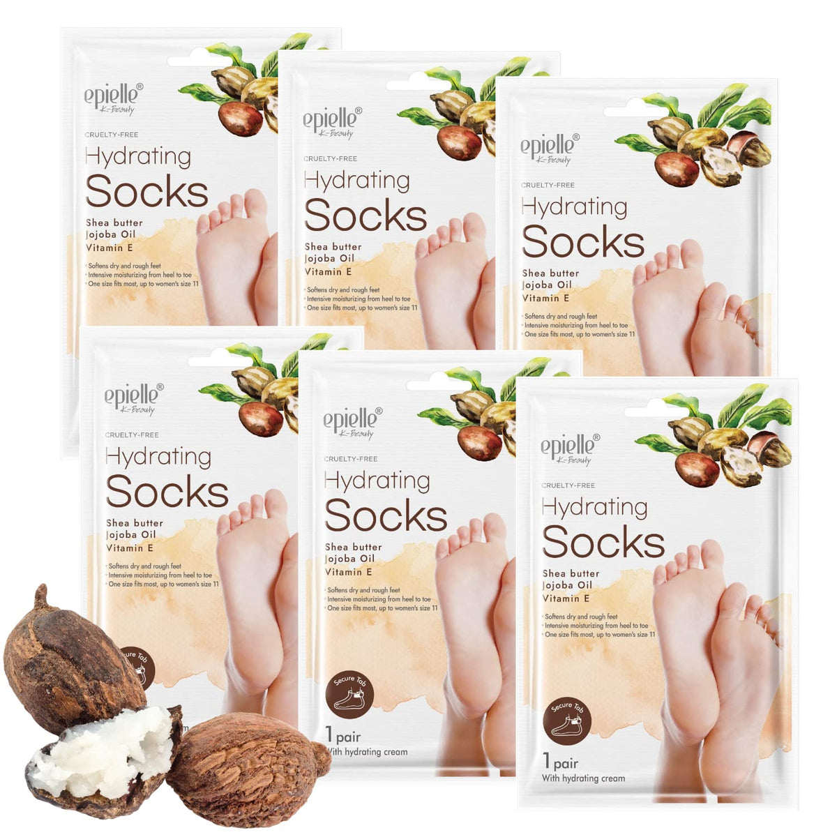 Epielle Hydrating Foot Mask packaging shows at-home spa care and quick moisture boost.