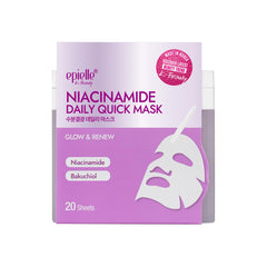 Epielle Niacinamide mask packaging highlighting Korean sheet masks for glow and refined pores.