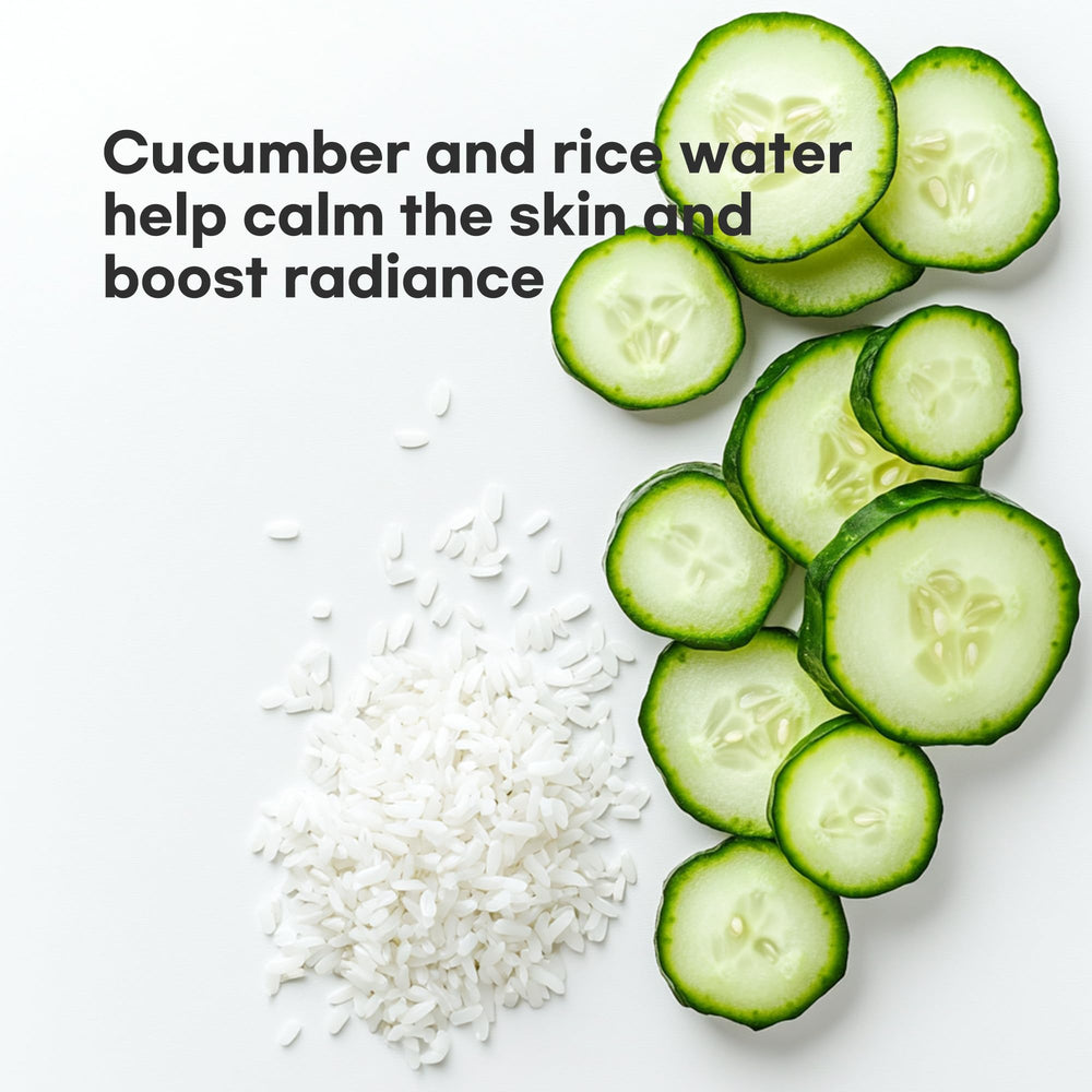 Epielle rice bran water ingredient close-up shows nourishing components for soothing feel.