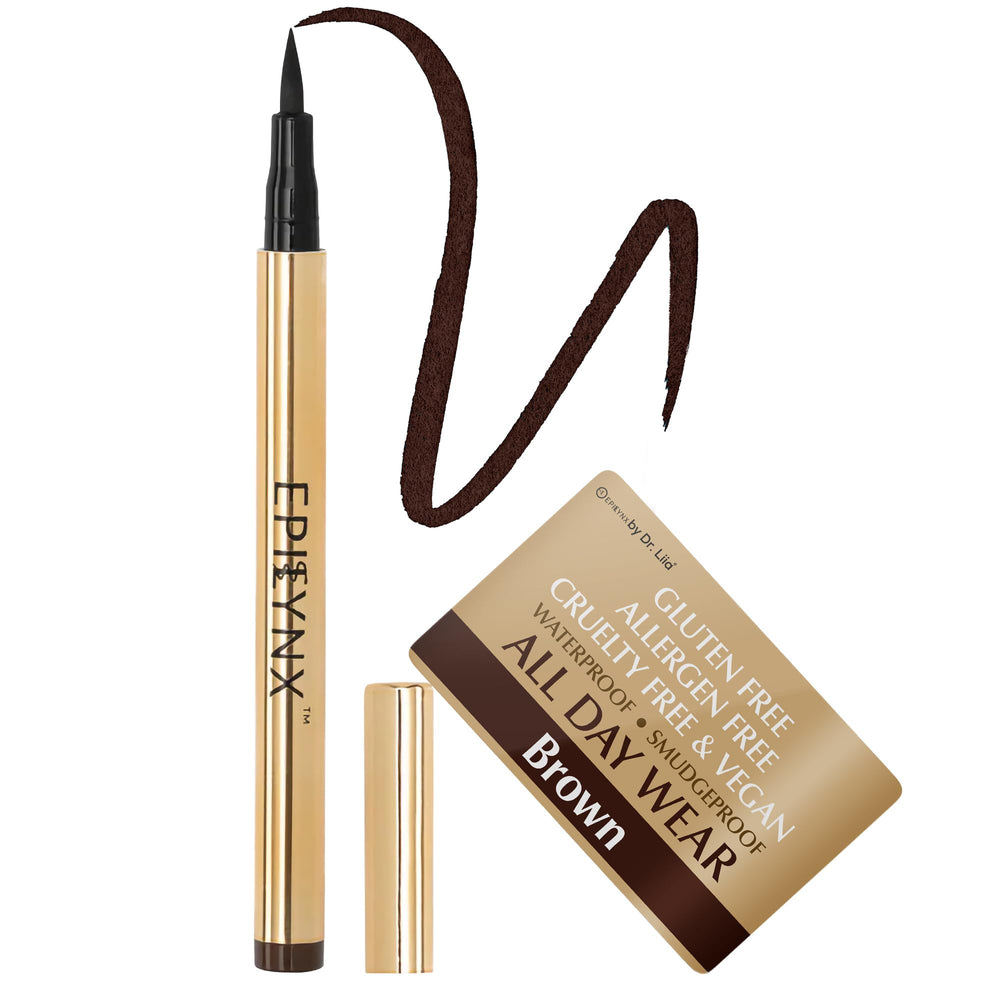 EPILYNX liquid eyeliner bottle close-up highlights a waterproof, long-wearing formula.