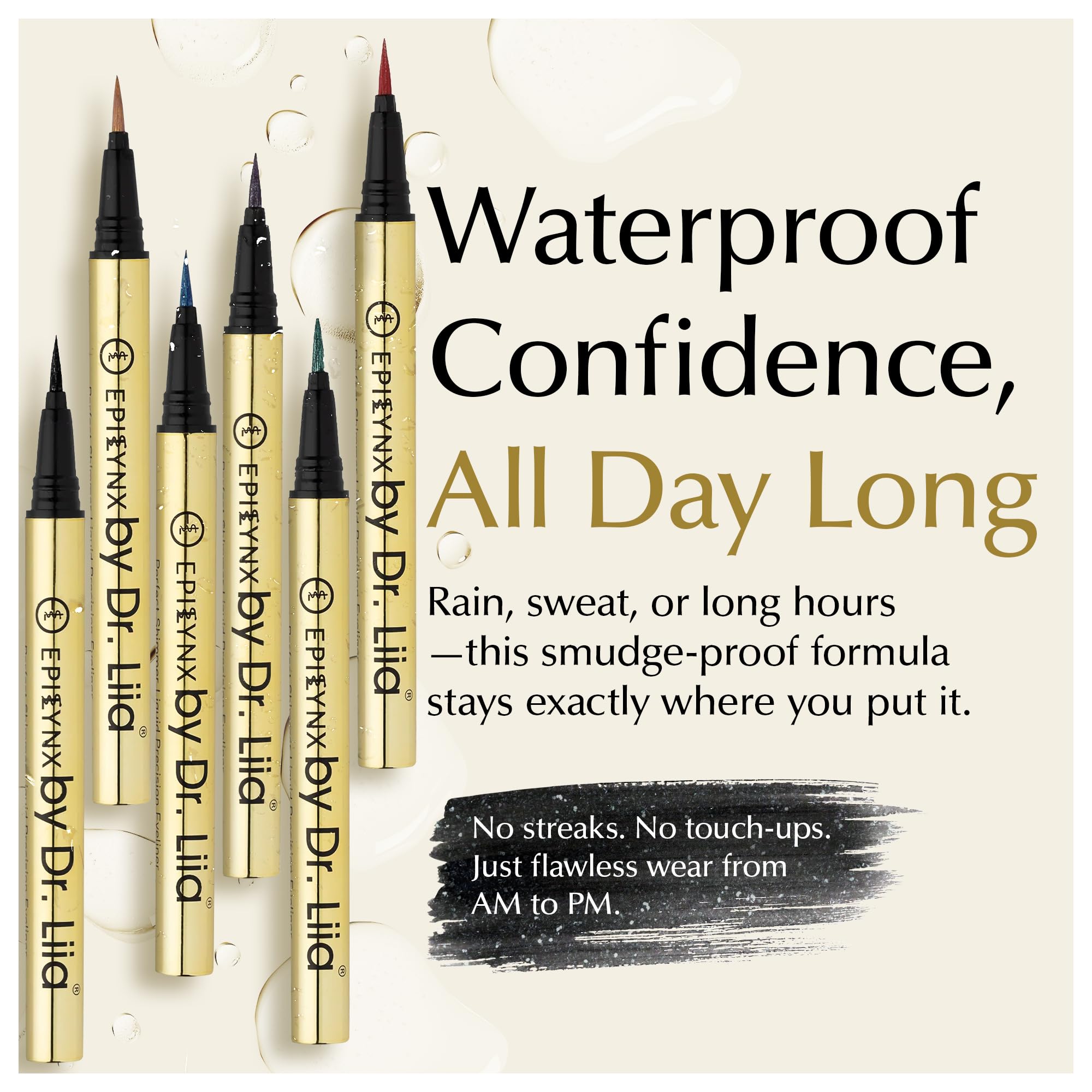 EPILYNX waterproof liquid eyeliner applied on lid for all-day definition.