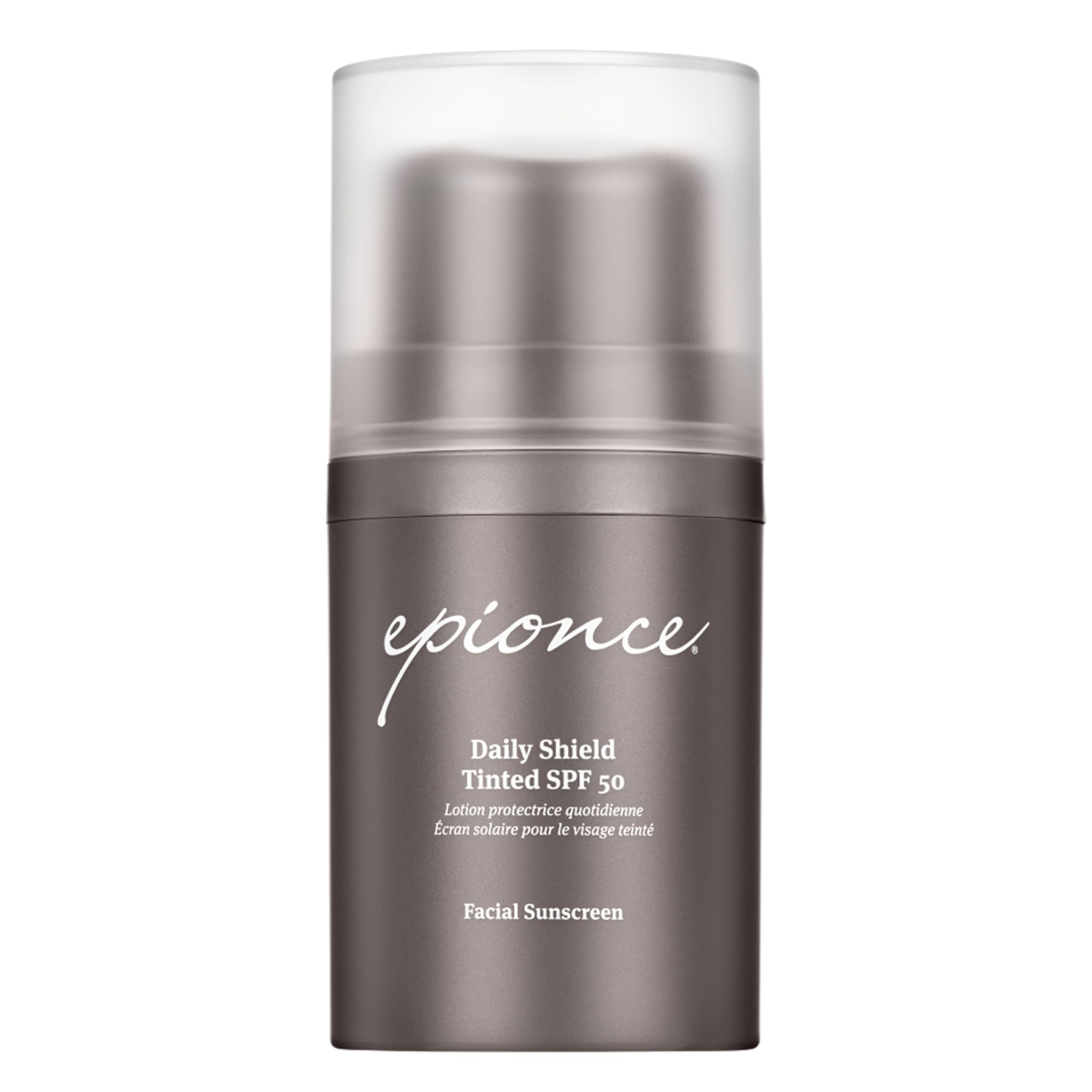 Epionce Daily Shield tinted SPF 50 bottle showing lightweight daily protection